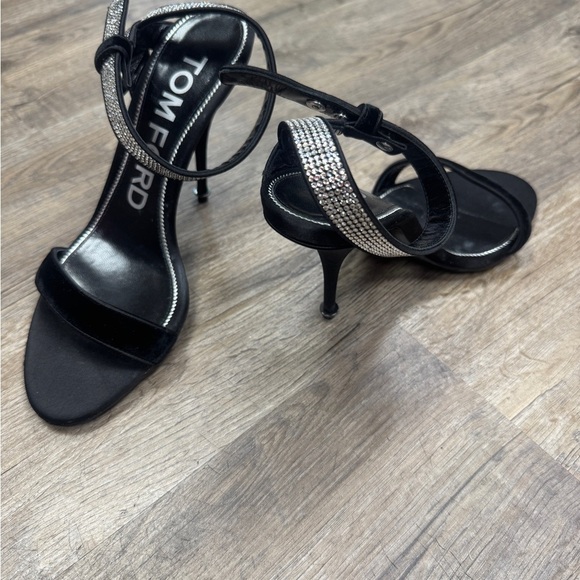 Tom Ford Black Leather Sandal Heels with Silver Accents Size 39.5 - Picture 2 of 3